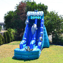Load image into Gallery viewer, 19 FT Dolphins SLIDE Rental Rates Wet $355 or Dry slide with Ball Pit  $355 Bounce House Rentals Wilmington NC 
